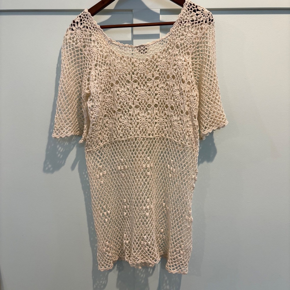 Vtg Foyen's of Hawaii Crochet Swim Cover Up Small Cream Boho Floral Mesh Tunic - Picture 8 of 11